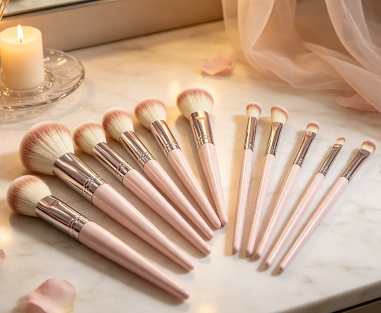10-Piece Pink Travel Makeup Brush Set With Soft Bristles - Image 2