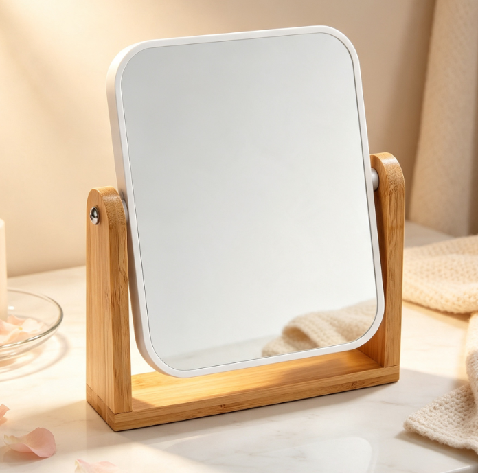 Natural Bamboo Double-Sided Makeup Mirror With 360° Swivel Magnification - Image 2