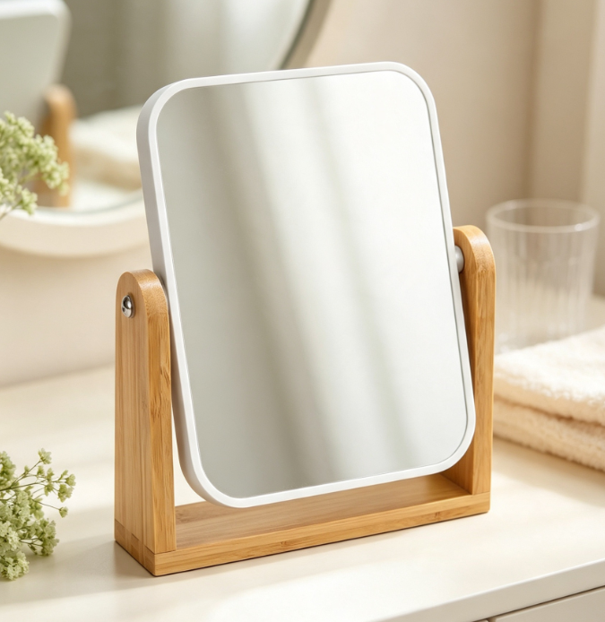 Natural Bamboo Double-Sided Makeup Mirror With 360° Swivel Magnification