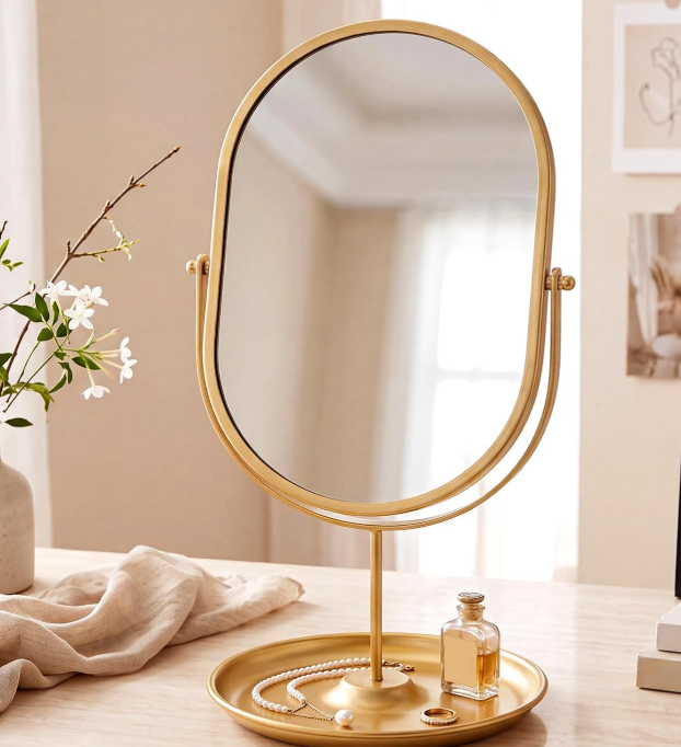 Vintage Gold Oval Desktop Mirror With 360° Swivel