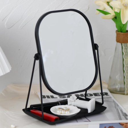 Metal Makeup Mirror With 360° Swivel And Storage Function