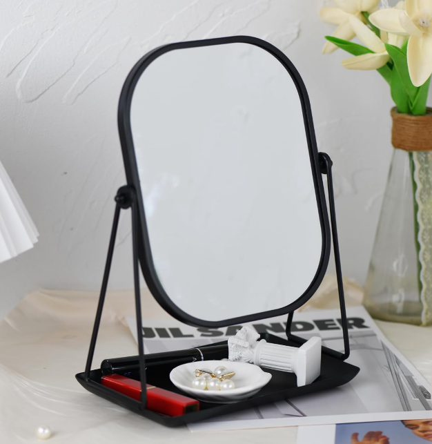 Metal Makeup Mirror With 360° Swivel And Storage Function