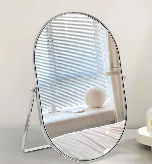 Portable Oval Mirror With Metal Stand And 90° Tilt Adjustment