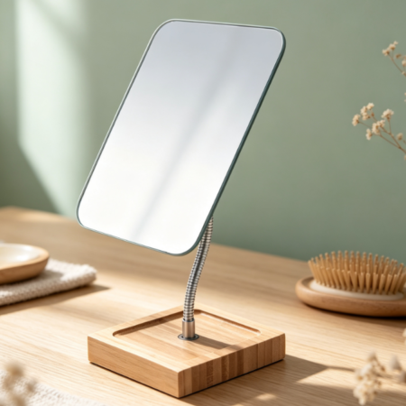 Portable Frameless Mirror With Bamboo Gooseneck And 360° Swivel