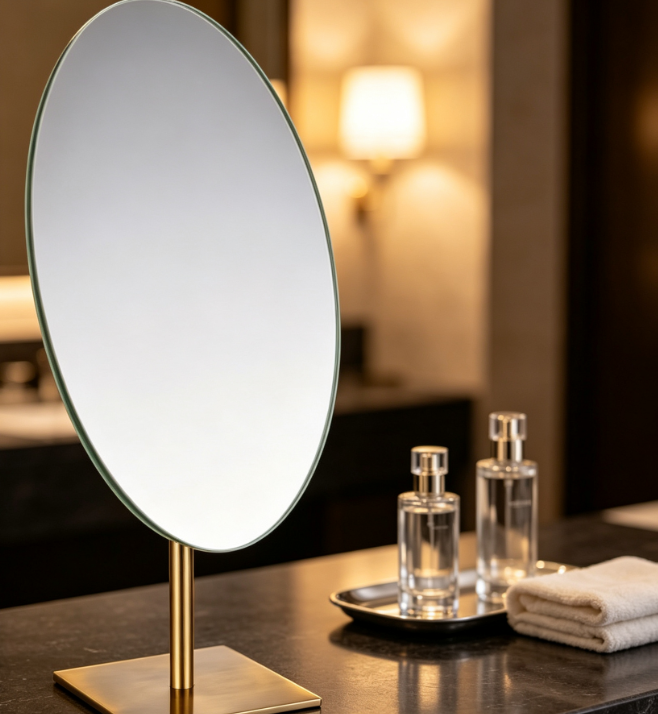 Large, Luxurious Vintage Brass Oval Tabletop Vanity Mirror