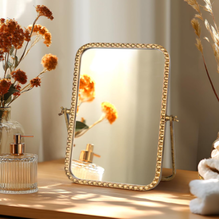 Vintage-Style Tabletop Mirror With Antique Gold Rim And 360° Swivel