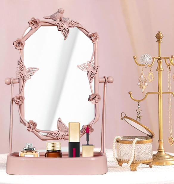 Vintage Pink-Gold Tabletop Makeup Mirror With Bird And Butterfly Decor - Image 2
