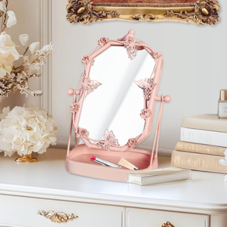 Vintage Pink-Gold Tabletop Makeup Mirror With Bird And Butterfly Decor