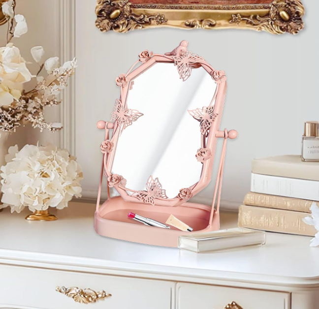 Vintage Pink-Gold Tabletop Makeup Mirror With Bird And Butterfly Decor