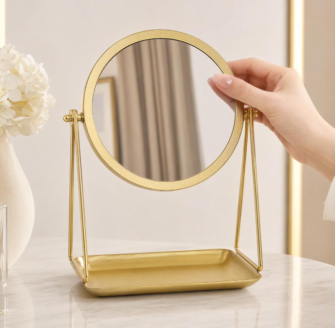 Round Swivel Vanity Mirror With Tray And Jewelry Storage