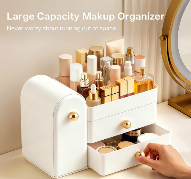 White Countertop Cosmetic Organizer With Brush Holder And Drawers - Image 2
