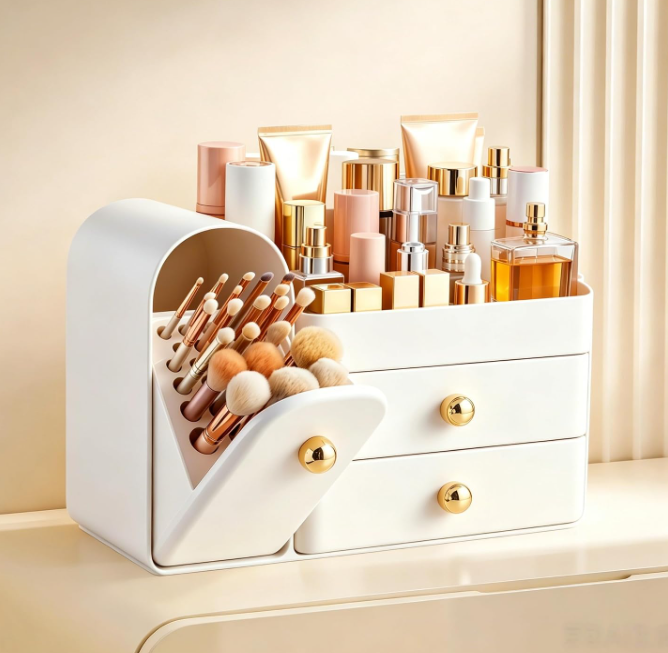 White Countertop Cosmetic Organizer With Brush Holder And Drawers