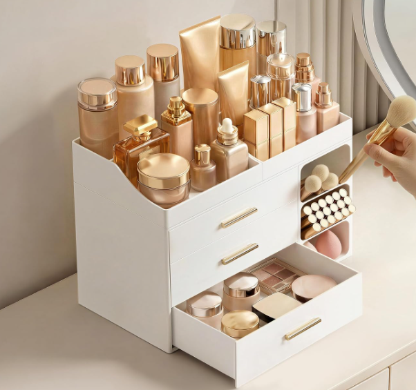 White Cosmetic Organizer With Brush Holder And Drawers - Image 2