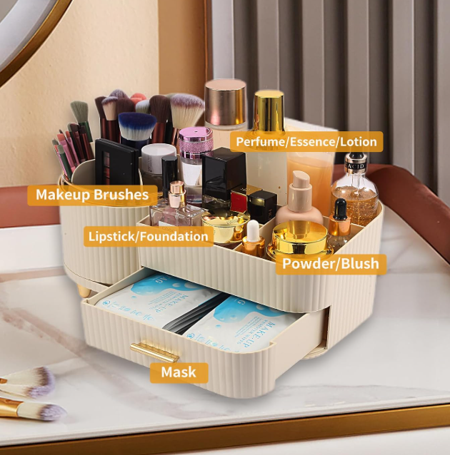 Rotating Countertop Cosmetic Organizer With Drawers And Brush Holder - Image 2