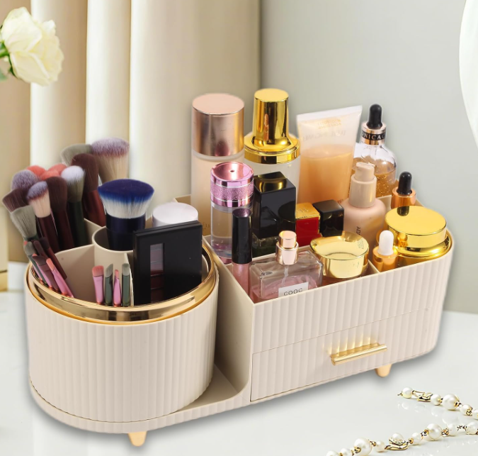 Rotating Countertop Cosmetic Organizer With Drawers And Brush Holder