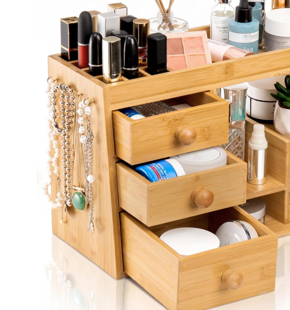 3-Tier Bamboo Cosmetic Organizer With Drawers For Lipsticks - Image 2