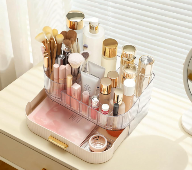 Rotating Stackable Cosmetic Organizer With Drawers For Brushes And Perfume - Image 2