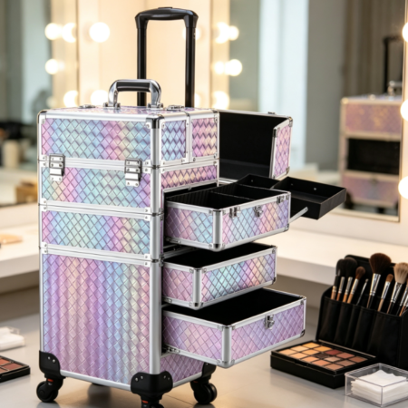4-in-1 Rolling Makeup Travel Case with Trolley Handle