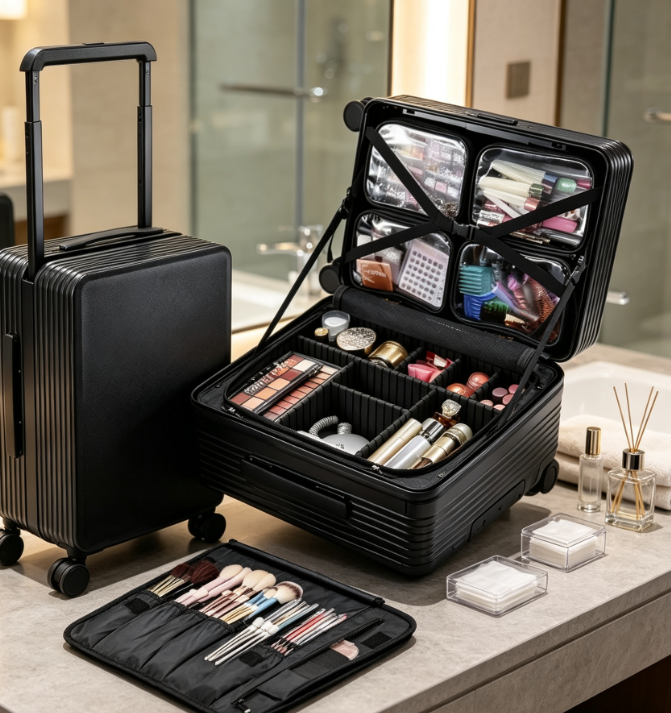 Rolling Makeup Artist Trolley with Handle and Clear Pouches - Image 2