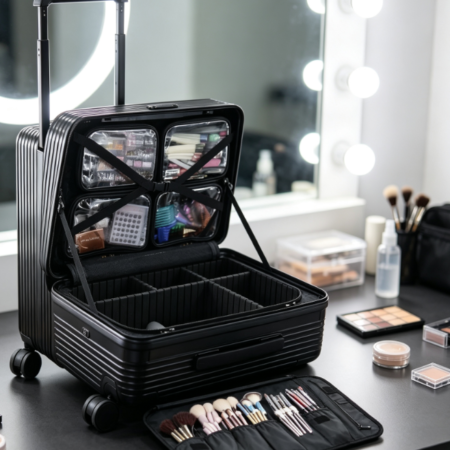 Rolling Makeup Artist Trolley with Handle and Clear Pouches