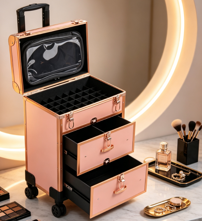 3-in-1 Rolling Trolley for Beauty and Nail Art with Clear Pouches - Image 2