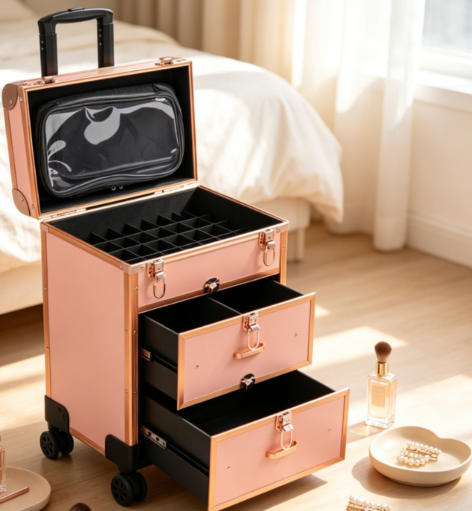 3-in-1 Rolling Trolley for Beauty and Nail Art with Clear Pouches