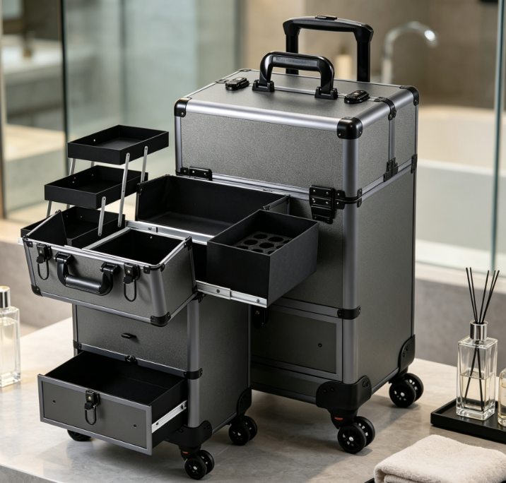 Makeup Case with Sliding Drawers, 4 Trays, and Swivel Wheels - Image 2