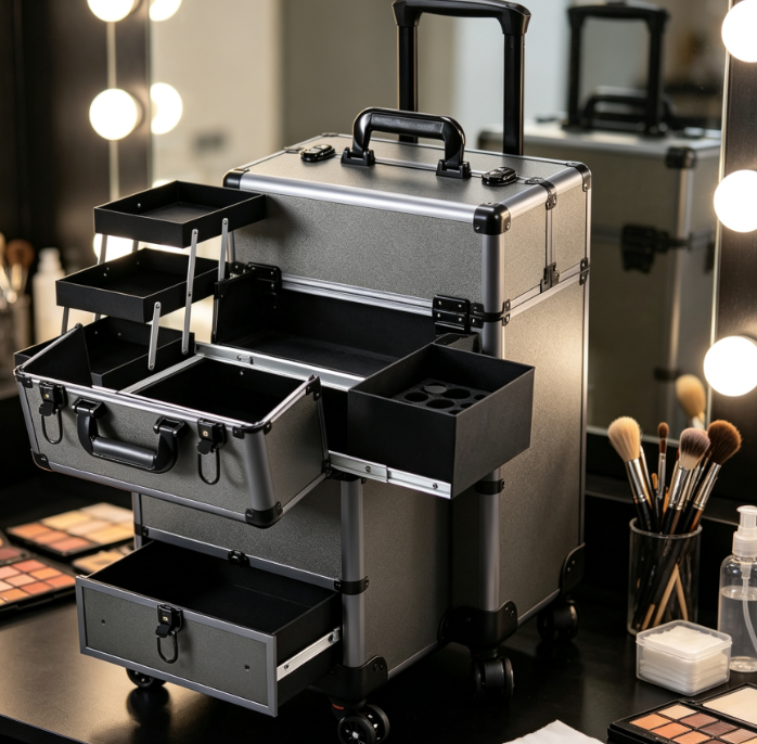 Makeup Case with Sliding Drawers, 4 Trays, and Swivel Wheels