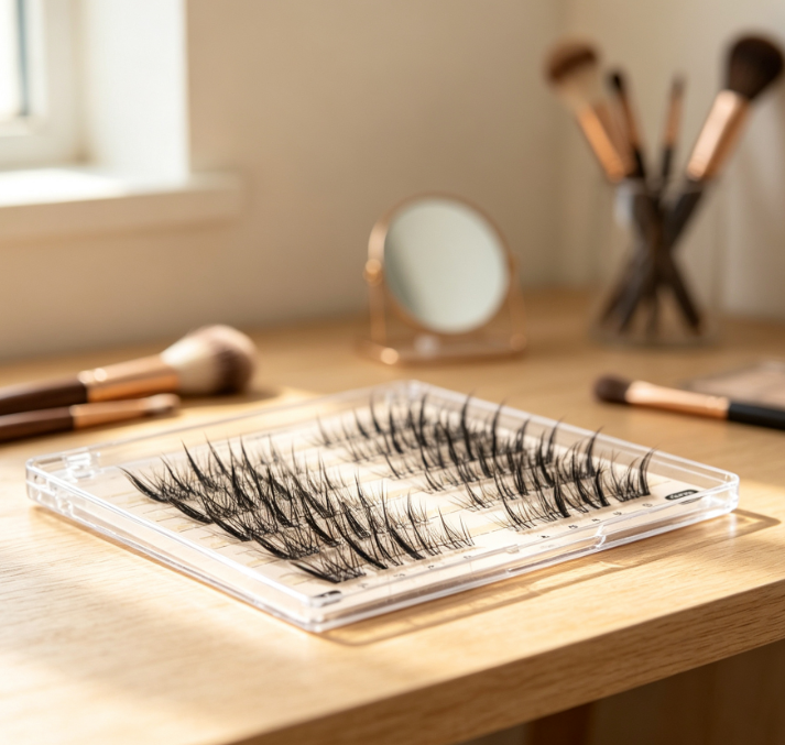 Fairy-style segmented lashes (fox-eye look, clear band)