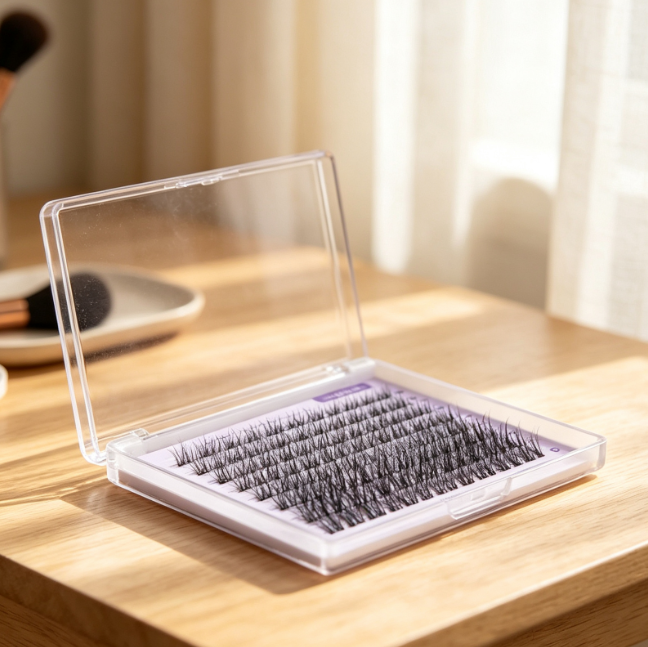 Fairy-style segmented lashes (D-curl, clear band, waterproof)