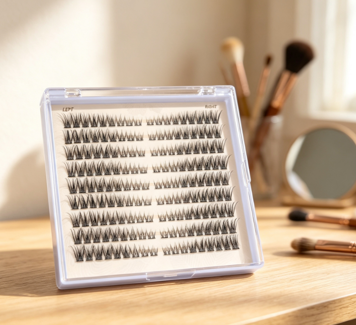 Natural "fairy-style" segmented lashes (C-curl, eye-specific left/right design)