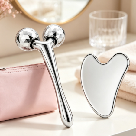Stainless Steel Facial Roller & Gua Sha Skincare Set