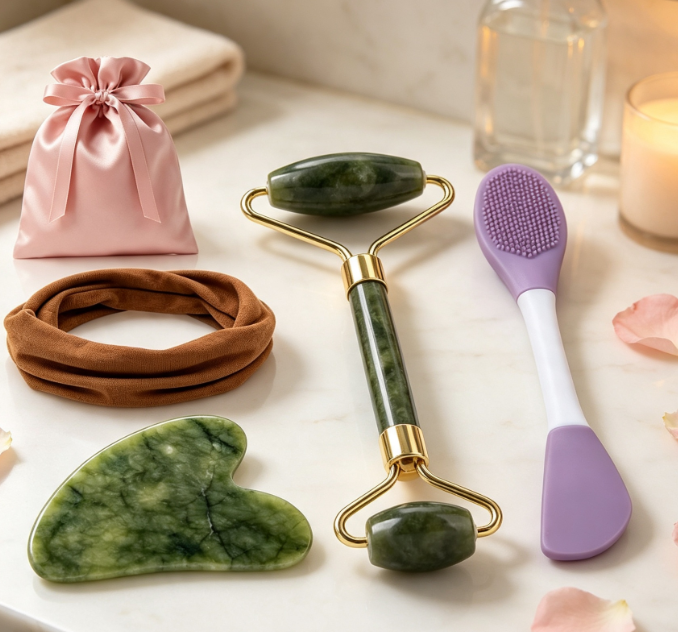 Roller, Gua Sha, Cleansing Brush & Headband Travel Set - Image 2