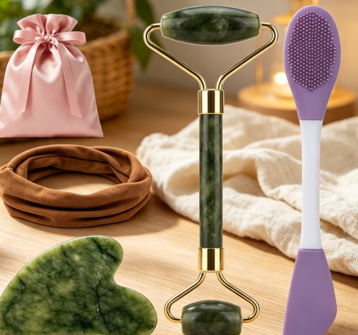 Roller, Gua Sha, Cleansing Brush & Headband Travel Set