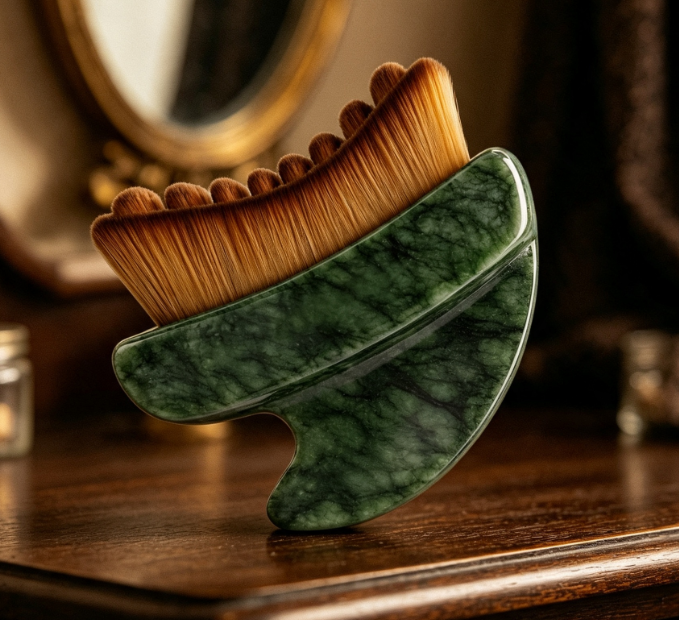 Dual-Ended Dry Brush & Jade Gua Sha Massage Tool for De-puffing - Image 2