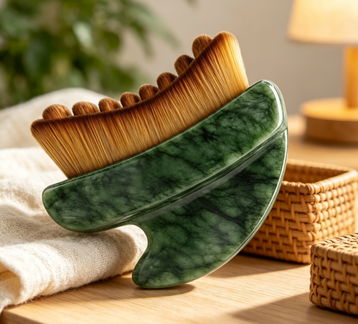 Dual-Ended Dry Brush & Jade Gua Sha Massage Tool for De-puffing