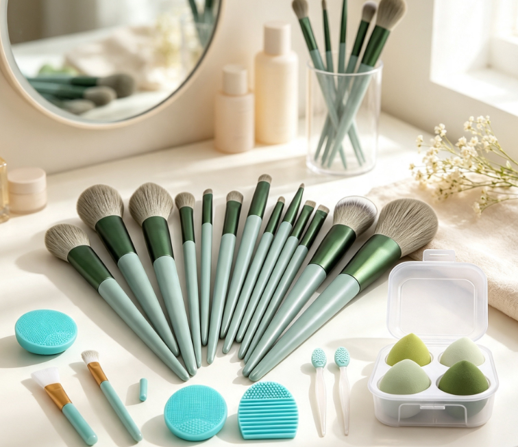 22-Piece Green-Themed Face And Eye Makeup Brush Set