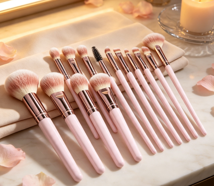 14-Piece Pink Travel Makeup Brush Set With Single-Handle Design - Image 2