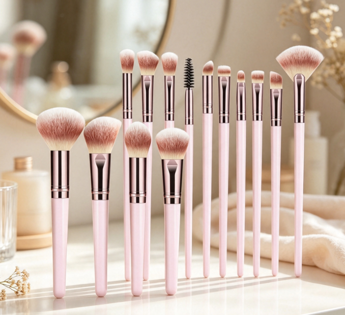 14-Piece Pink Travel Makeup Brush Set With Single-Handle Design